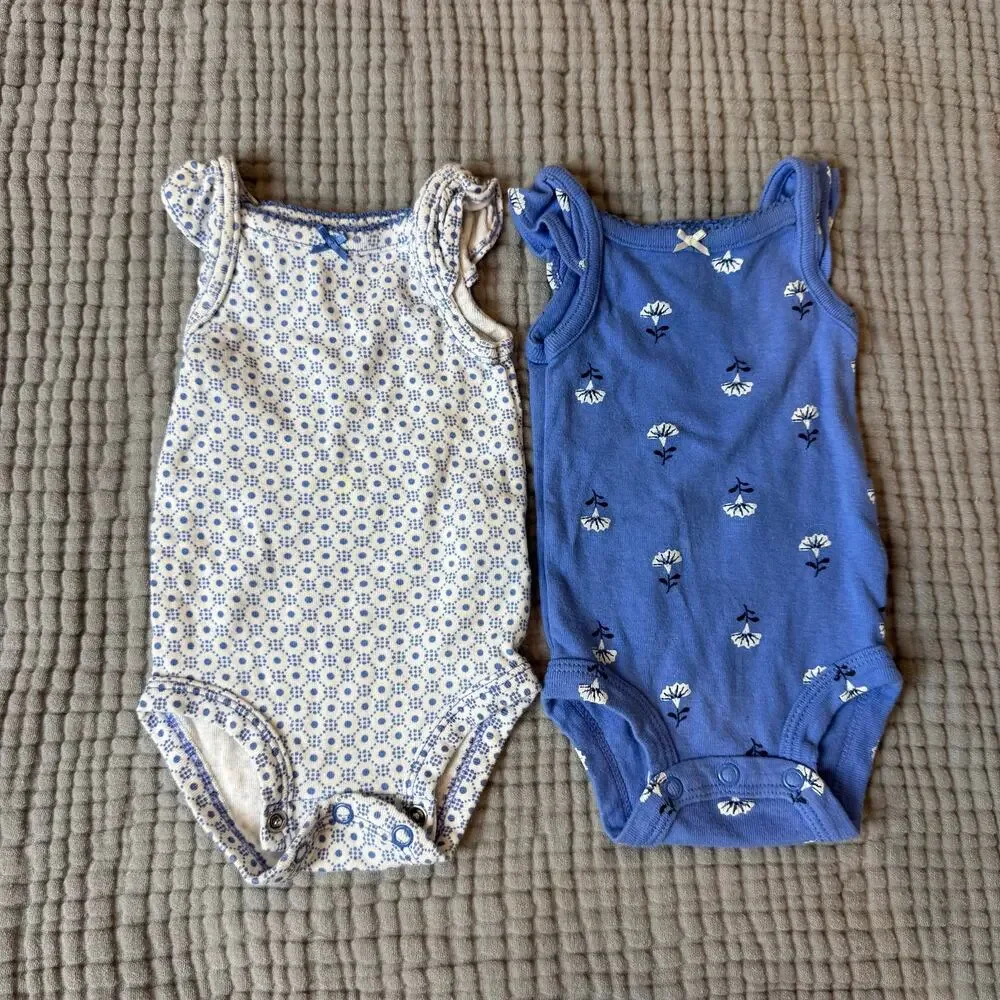 Lot of 2 Carters Onesies Sleeveless Ruffle Rompers Blue Floral Baby Girl Newborn